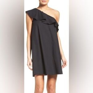 NSR One Shoulder Ruffle Dress Linen Blend Black Large